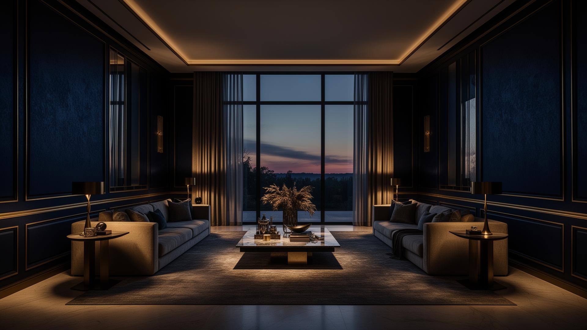 Luxury interior in deep navy with brushed gold accents